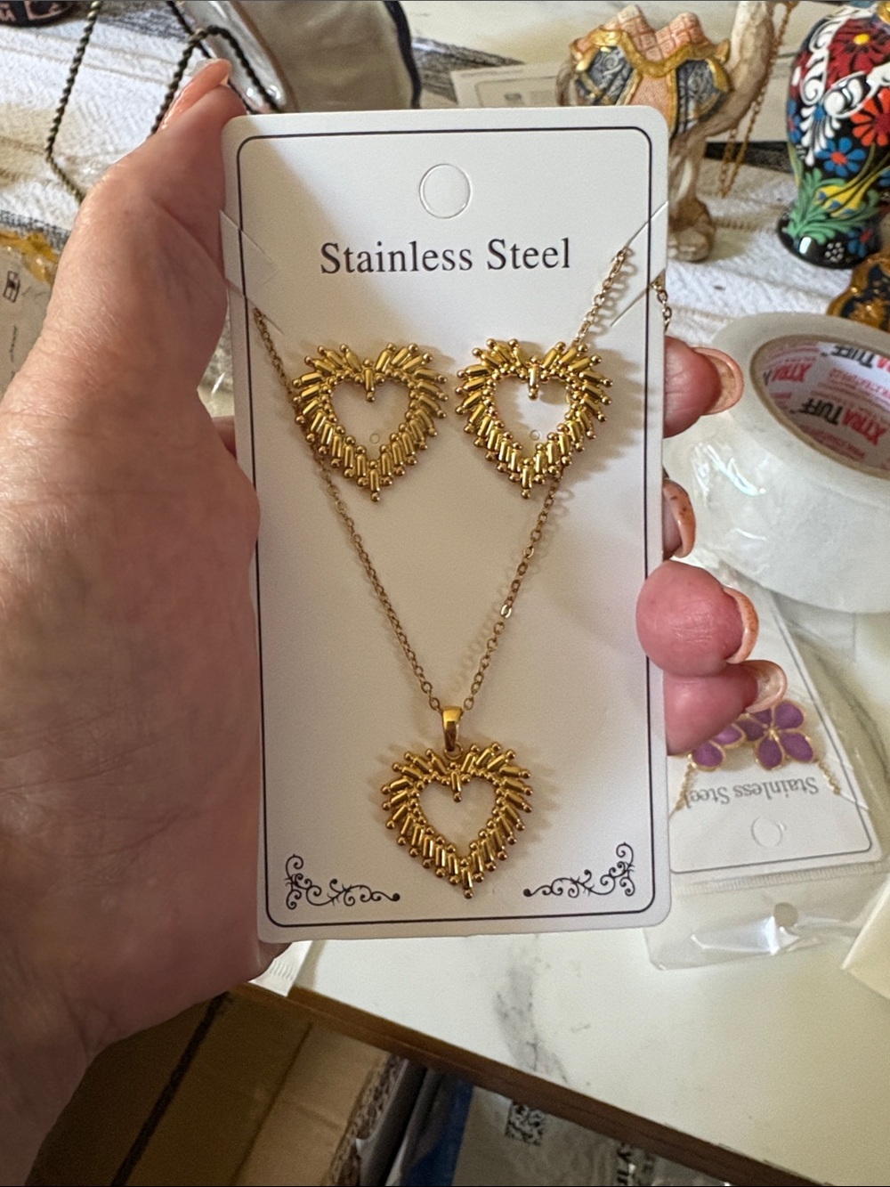 Gold Heart Stainless Steel Necklace & Earrings Set
